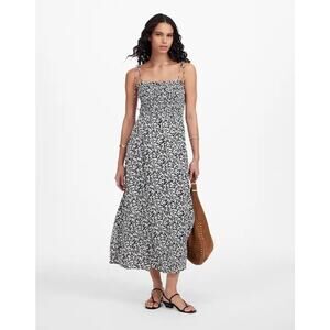 Madewell Tie Shoulder Midi Dress Black Ivory Floral Smocked Flowy Classic 10